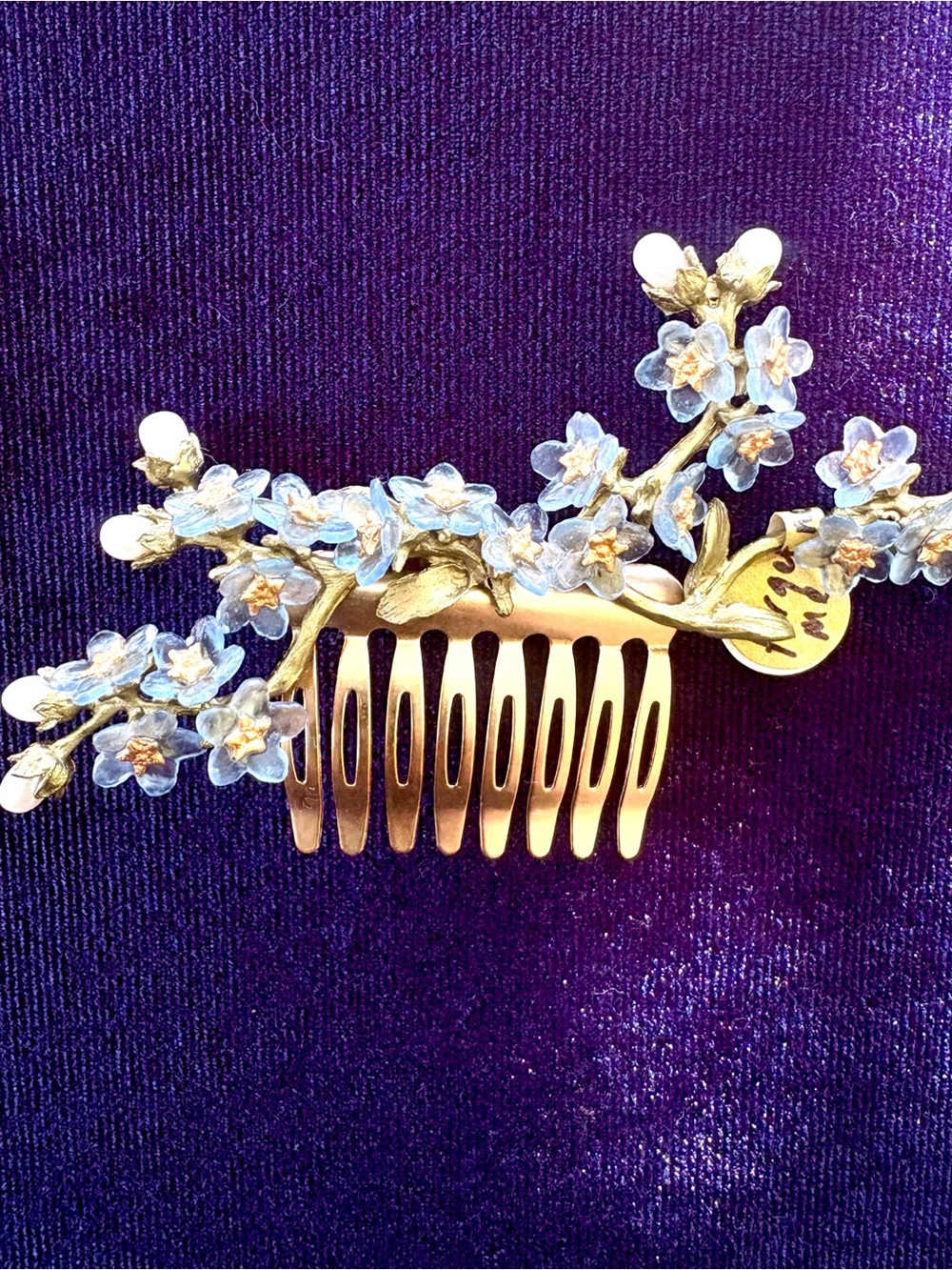 Michael-Michaud Bridal Gold Floral Hair Comb with Pale Blue Enamel Blossoms